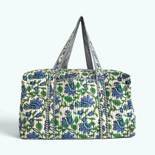 Blue and Green Floral Block Print Cotton Quilted Weekend Duffle Bag
