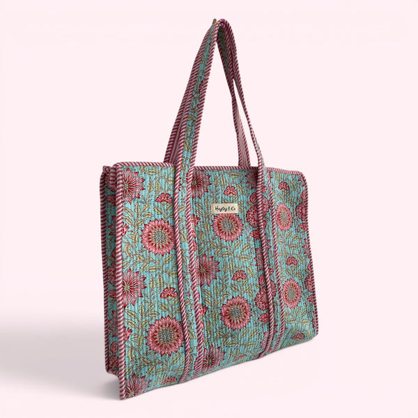 Blue and Pink Floral Quilted Cotton Tote Bag