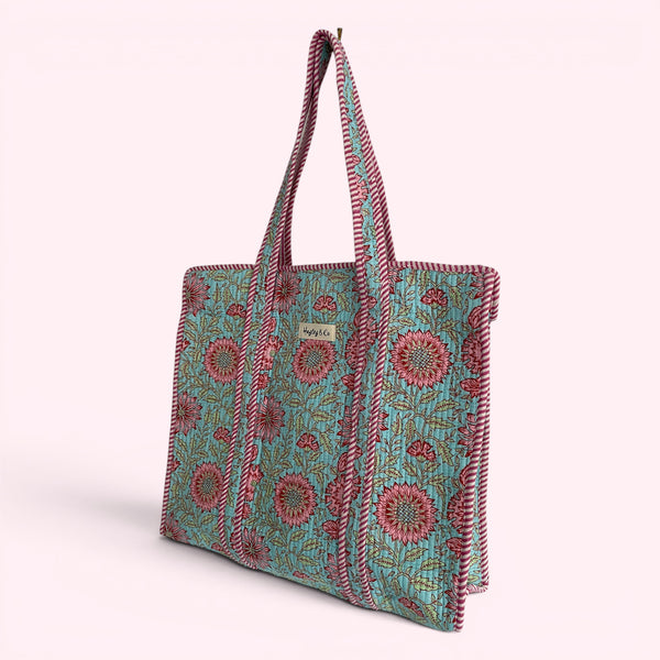 Blue and Pink Floral Quilted Cotton Tote Bag