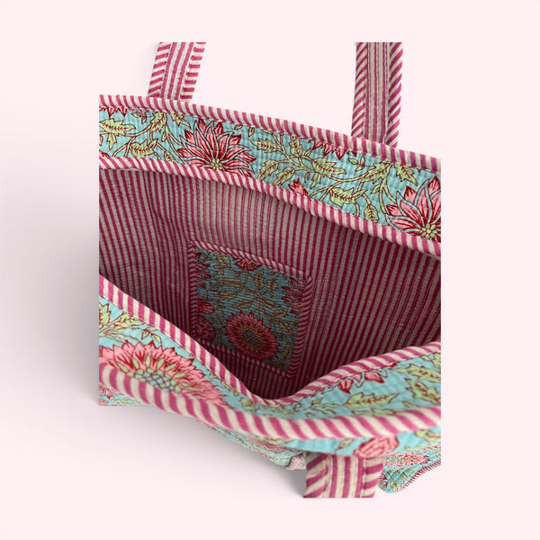 Blue and Pink Floral Quilted Cotton Tote Bag