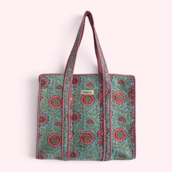 Blue and Pink Floral Quilted Cotton Tote Bag