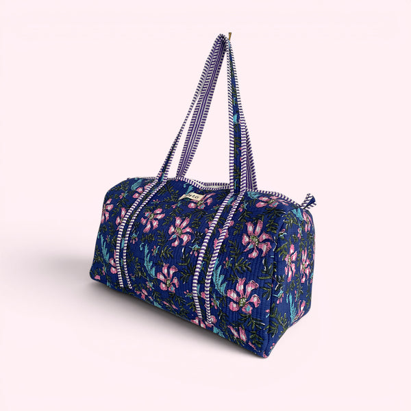 Blue and Purple Floral Block Print Cotton Quilted Weekend Duffle Bag