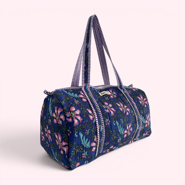 Blue and Purple Floral Block Print Cotton Quilted Weekend Duffle Bag