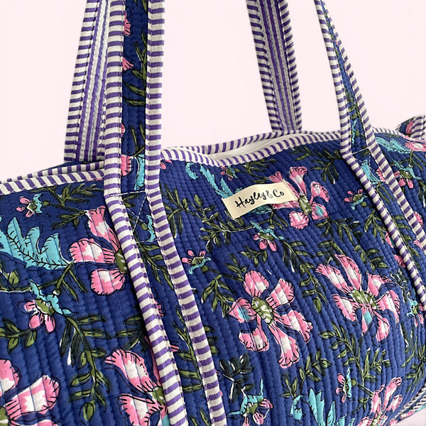 Blue and Purple Floral Block Print Cotton Quilted Weekend Duffle Bag