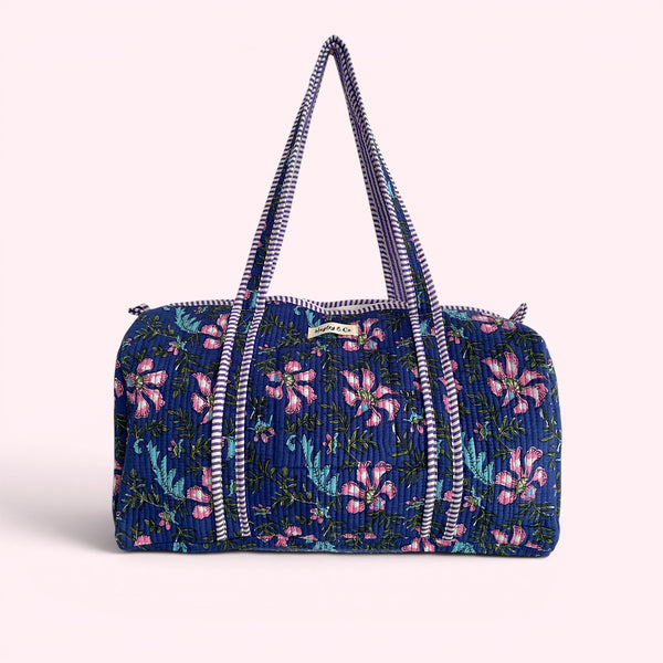 Blue and Purple Floral Block Print Cotton Quilted Weekend Duffle Bag