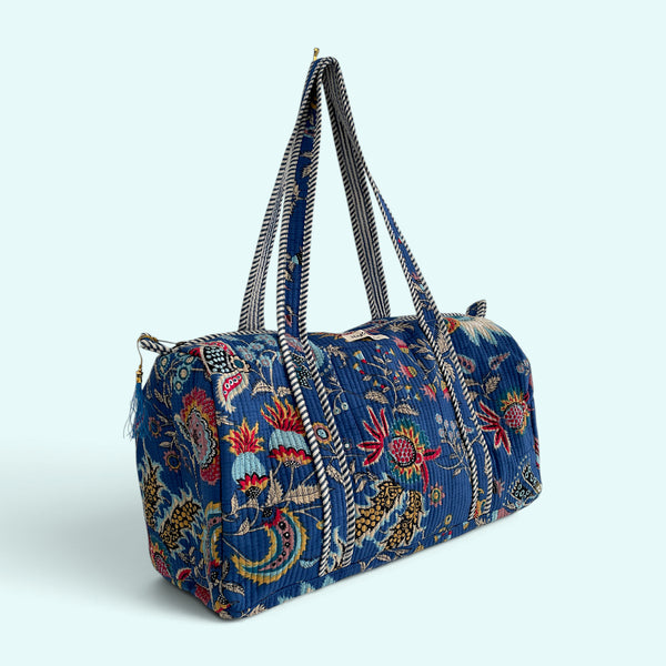Blue and Red Floral Print Cotton Quilted Weekend Duffle Bag
