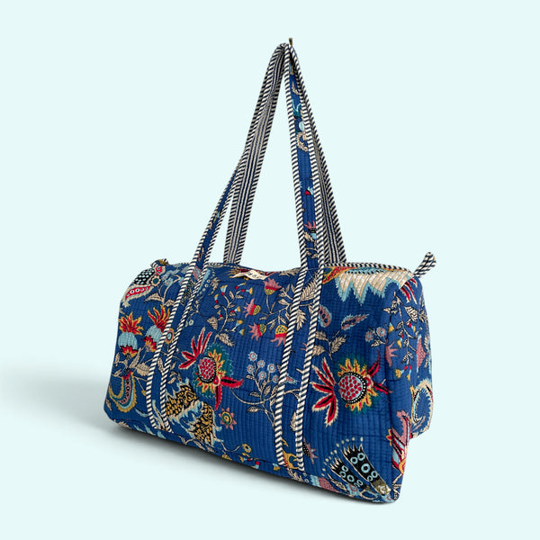 Blue and Red Floral Print Cotton Quilted Weekend Duffle Bag