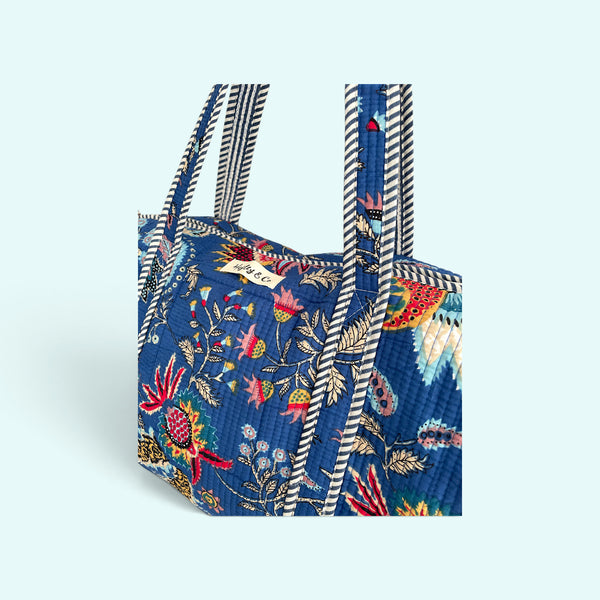 Blue and Red Floral Print Cotton Quilted Weekend Duffle Bag