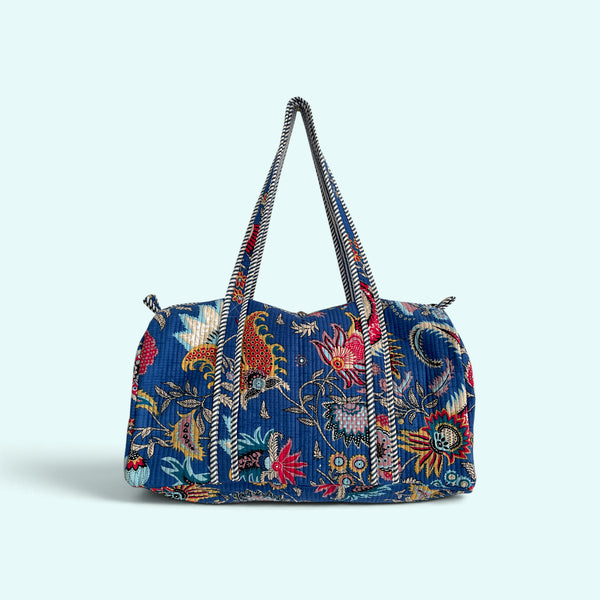 Blue and Red Floral Print Cotton Quilted Weekend Duffle Bag