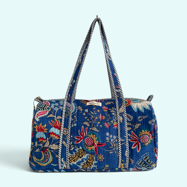 Blue and Red Floral Print Cotton Quilted Weekend Duffle Bag