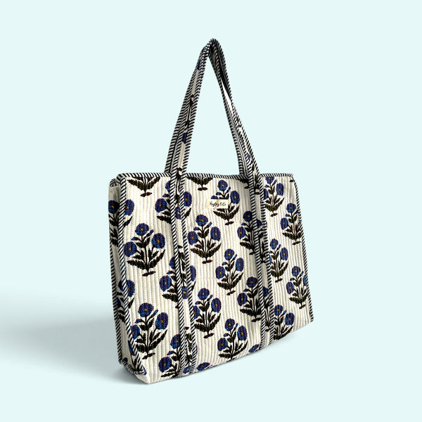 Blue Floral Quilted Cotton Tote Bag
