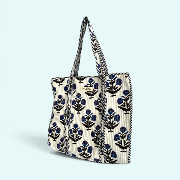 Blue Floral Quilted Cotton Tote Bag