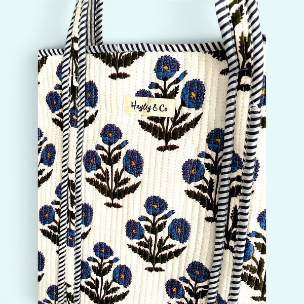 Blue Floral Quilted Cotton Tote Bag