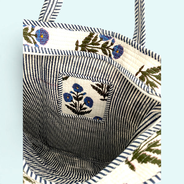 Blue Floral Quilted Cotton Tote Bag