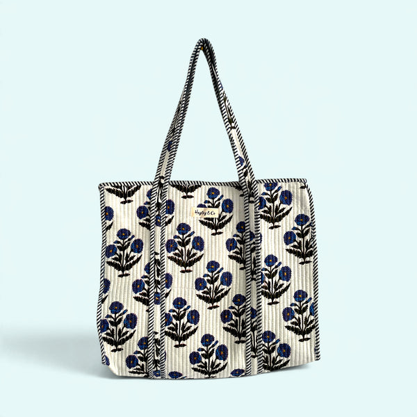 Blue Floral Quilted Cotton Tote Bag