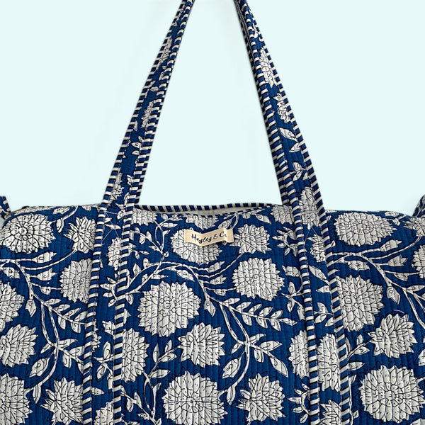 Blue Floral Cotton Quilted Weekend Duffle Bag