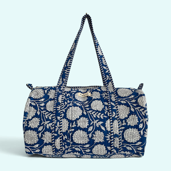 Blue Floral Cotton Quilted Weekend Duffle Bag