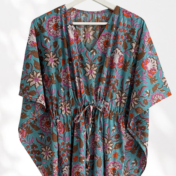 Bright Blue and Pink Floral Print Long 100% Cotton Kaftan