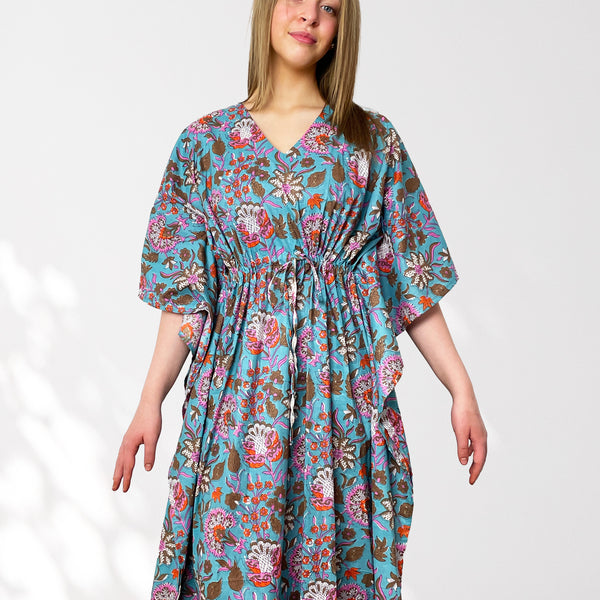 Bright Blue and Pink Floral Print Long 100% Cotton Kaftan