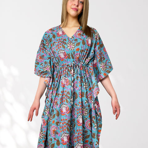 Bright Blue and Pink Floral Print Long 100% Cotton Kaftan