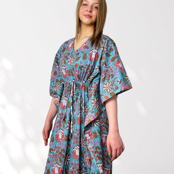Bright Blue and Pink Floral Print Long 100% Cotton Kaftan