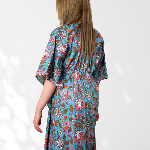 Bright Blue and Pink Floral Print Long 100% Cotton Kaftan