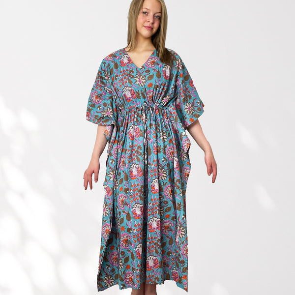 Bright Blue and Pink Floral Print Long 100% Cotton Kaftan