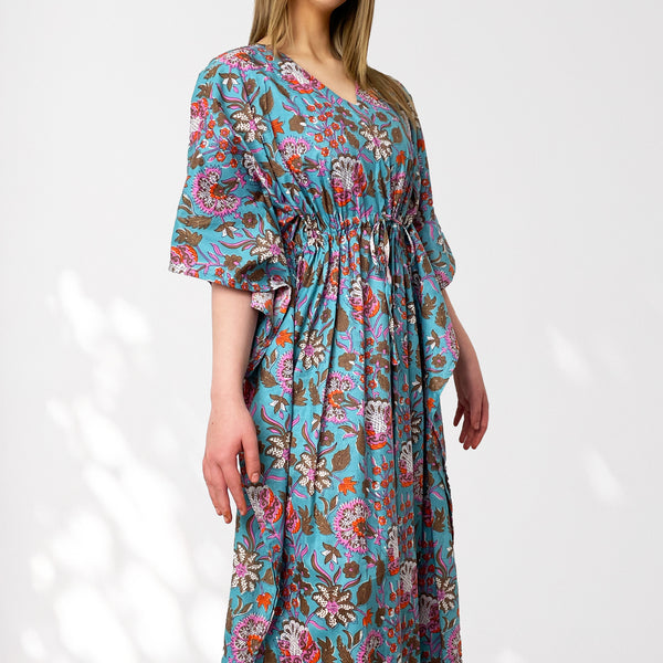 Bright Blue and Pink Floral Print Long 100% Cotton Kaftan