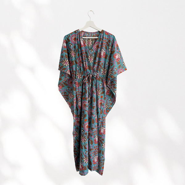 Bright Blue and Pink Floral Print Long 100% Cotton Kaftan