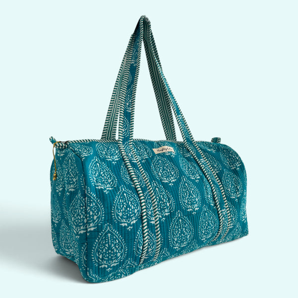 Bright Turquoise Block Print Cotton Quilted Weekend Duffle Bag