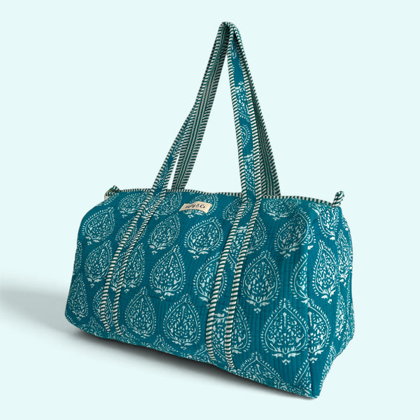 Bright Turquoise Block Print Cotton Quilted Weekend Duffle Bag