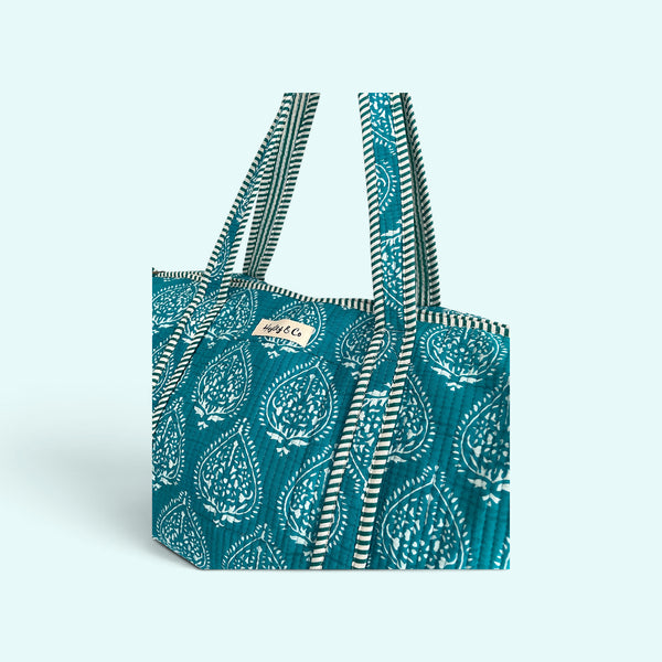 Bright Turquoise Block Print Cotton Quilted Weekend Duffle Bag