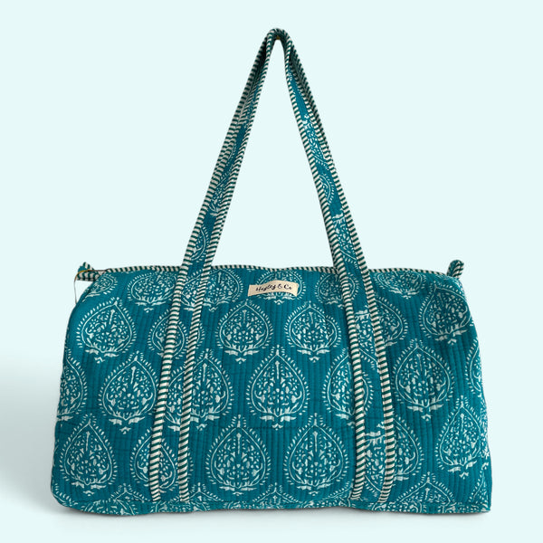 Bright Turquoise Block Print Cotton Quilted Weekend Duffle Bag