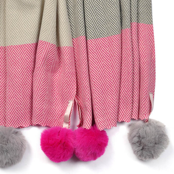 Cashmere Herringbone Scarf with Pink Pom Poms