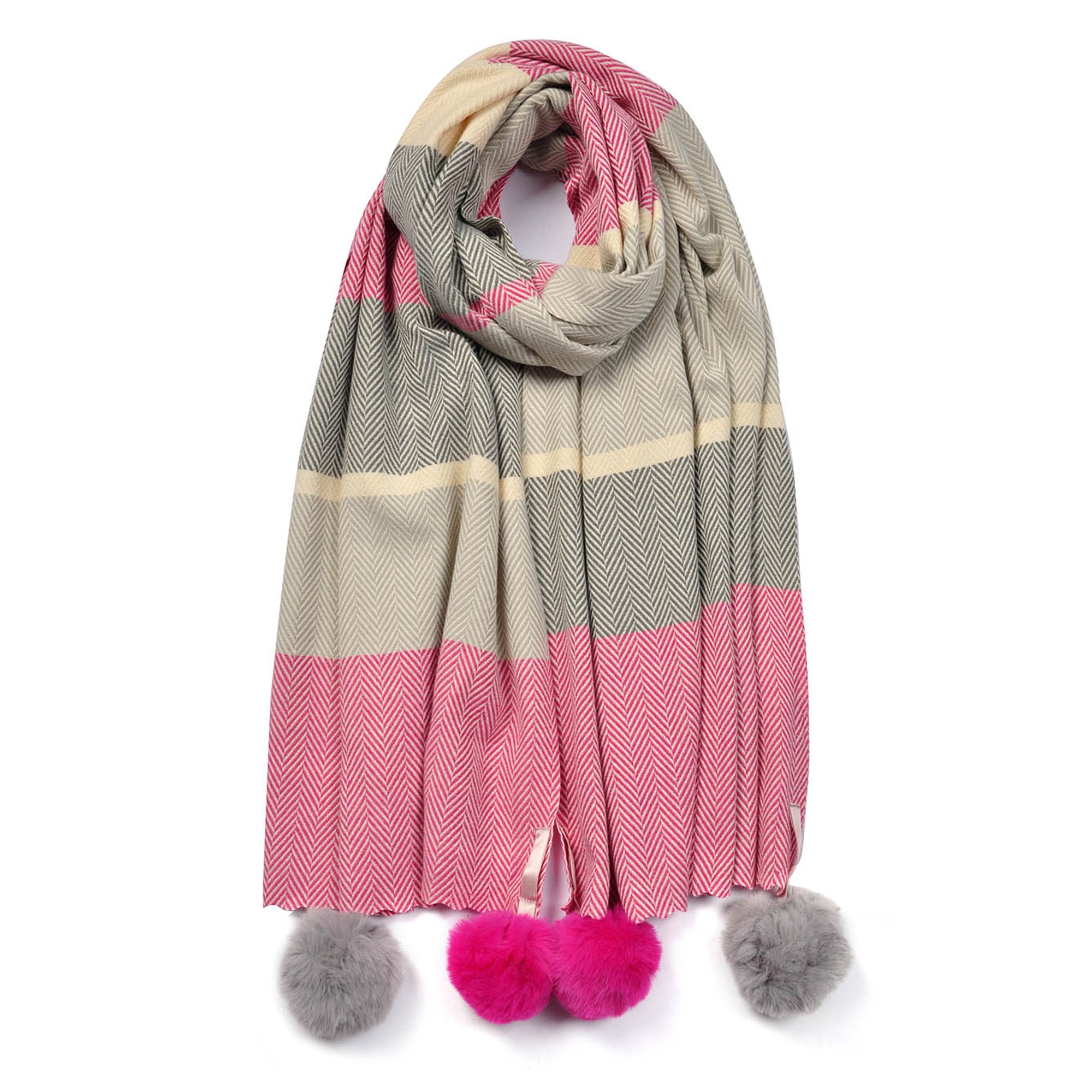 Cashmere Herringbone Scarf with Pink Pom Poms