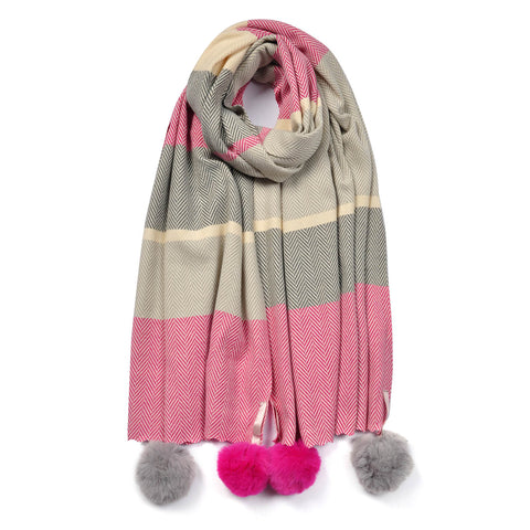 Cashmere Herringbone Scarf with Pink Pom Poms