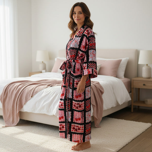 Cherry and Bow Print 100% Cotton Dressing Gown