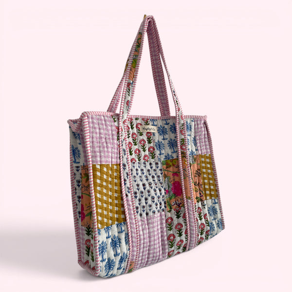 Cottage Floral Pink and Gingham Quilted Cotton Tote Bag