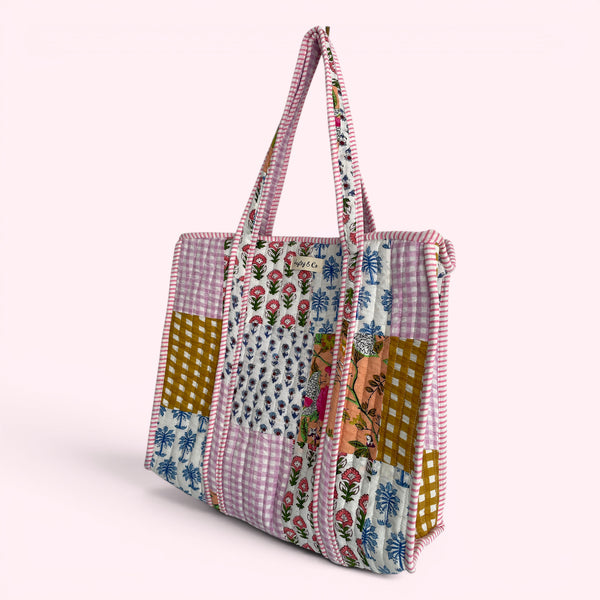 Cottage Floral Pink and Gingham Quilted Cotton Tote Bag