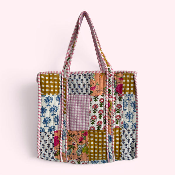 Cottage Floral Pink and Gingham Quilted Cotton Tote Bag