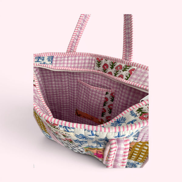 Cottage Floral Pink and Gingham Quilted Cotton Tote Bag