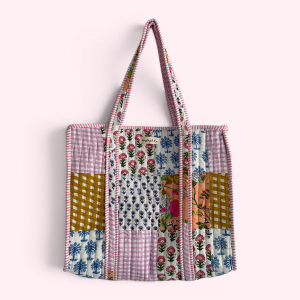 Cottage Floral Pink and Gingham Quilted Cotton Tote Bag