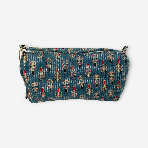 Denim Blue Floral Block Print Cotton Washbag, Make Up Bag, Pencil Case with Waterproof Lining - Denim Blue Floral