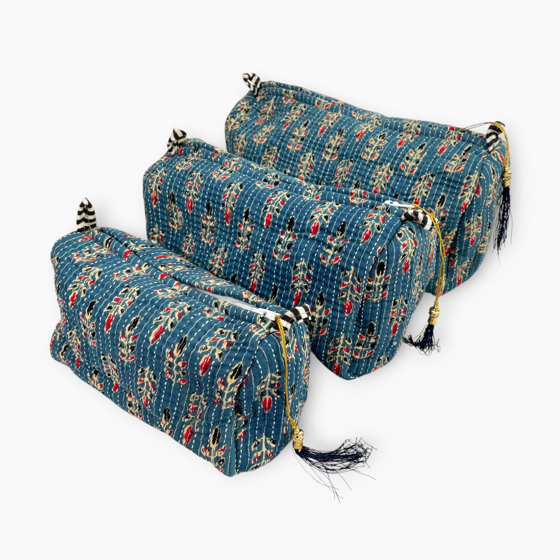 Denim Blue Floral Block Print Cotton Washbag, Make Up Bag, Pencil Case with Waterproof Lining - Denim Blue Floral
