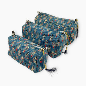 Denim Blue Floral Block Print Cotton Washbag, Make Up Bag, Pencil Case with Waterproof Lining - Denim Blue Floral