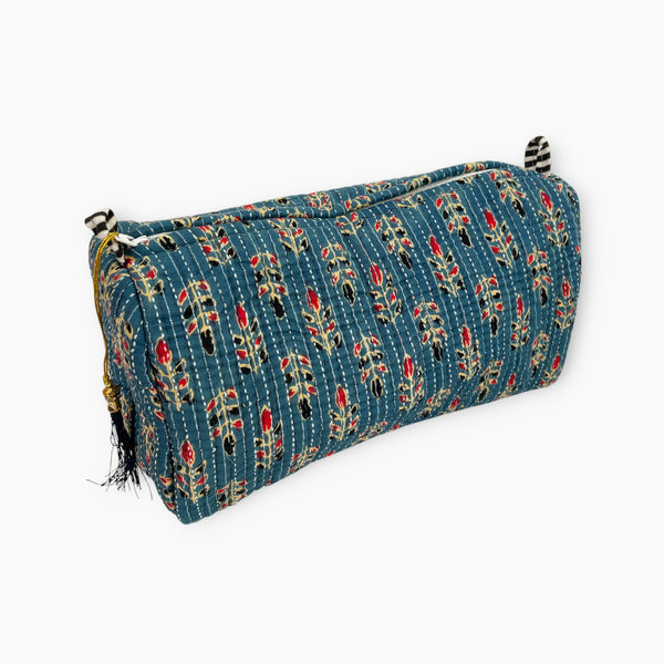 Denim Blue Floral Block Print Cotton Washbag, Make Up Bag, Pencil Case with Waterproof Lining - Denim Blue Floral