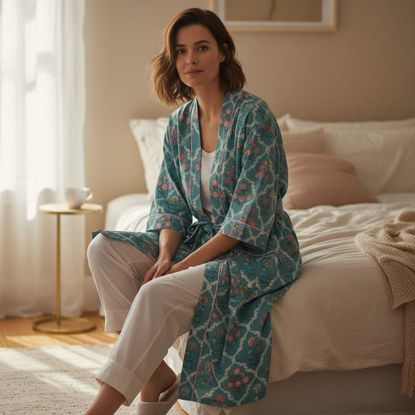 Teal Ditsy Floral Print 100% Cotton Block Print Dressing Gown