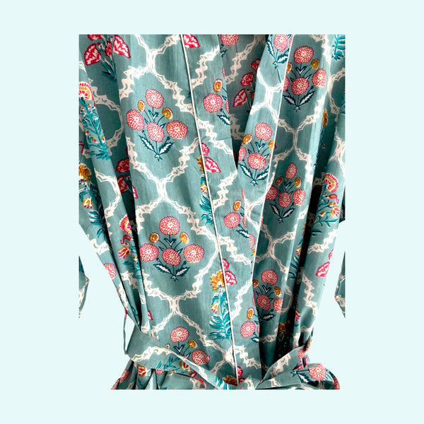 Teal Ditsy Floral Print 100% Cotton Block Print Dressing Gown