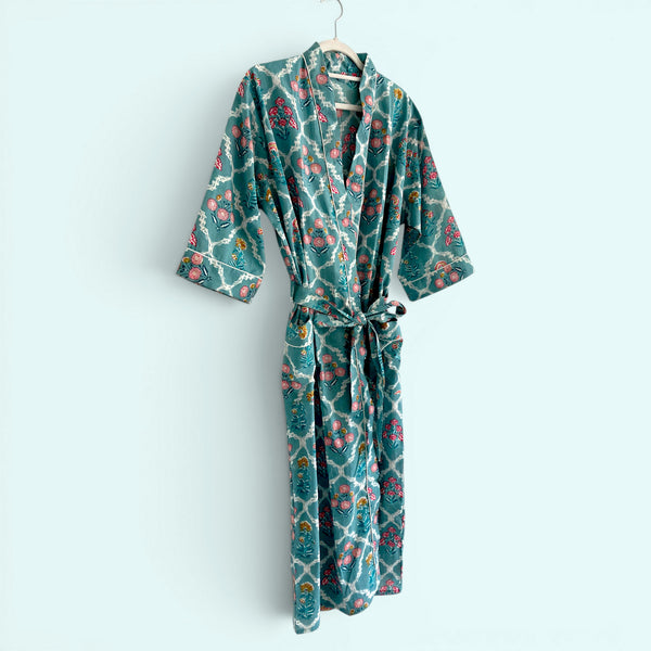 Teal Ditsy Floral Print 100% Cotton Block Print Dressing Gown
