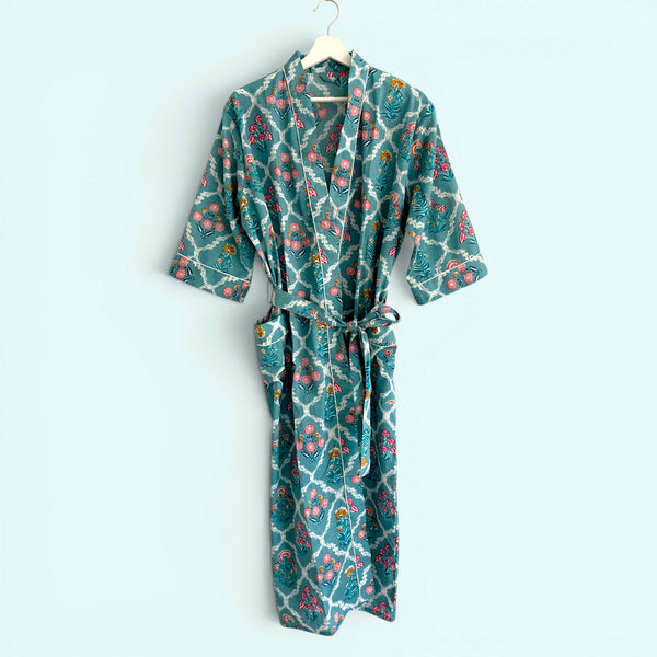 Teal Ditsy Floral Print 100% Cotton Block Print Dressing Gown